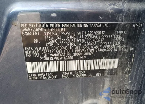 2014 Toyota Rav4 Le from USA, damaged, VIN 2T3BFREV8EW149890